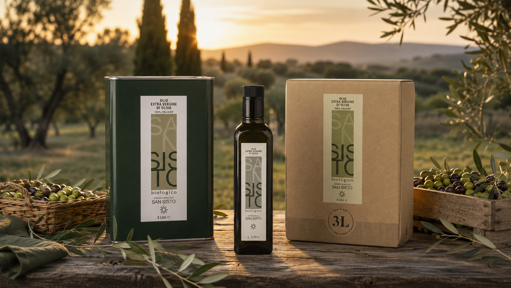 Olio Bio San Sisto con bottiglia 0,50 L box e latta